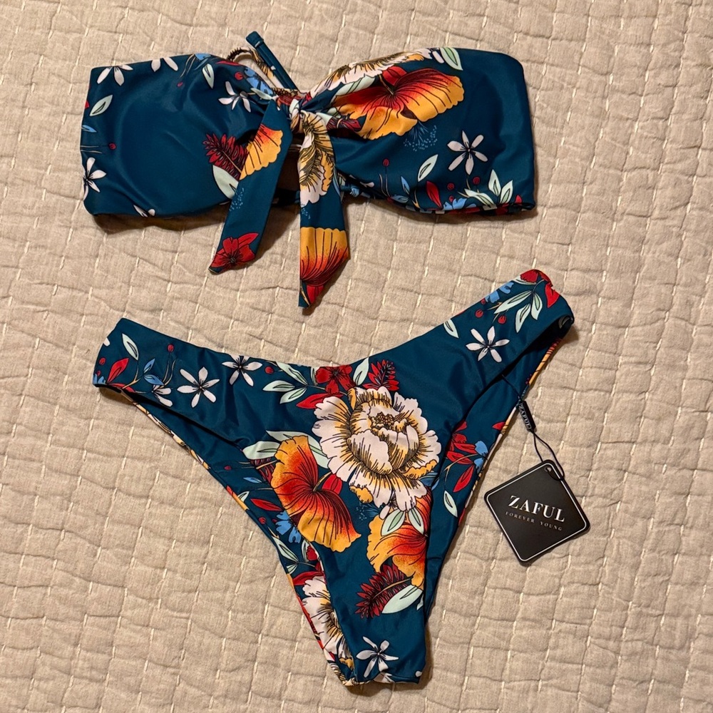 Zaful Teal Floral Bandeau Bikini Set with Orange & White Accents